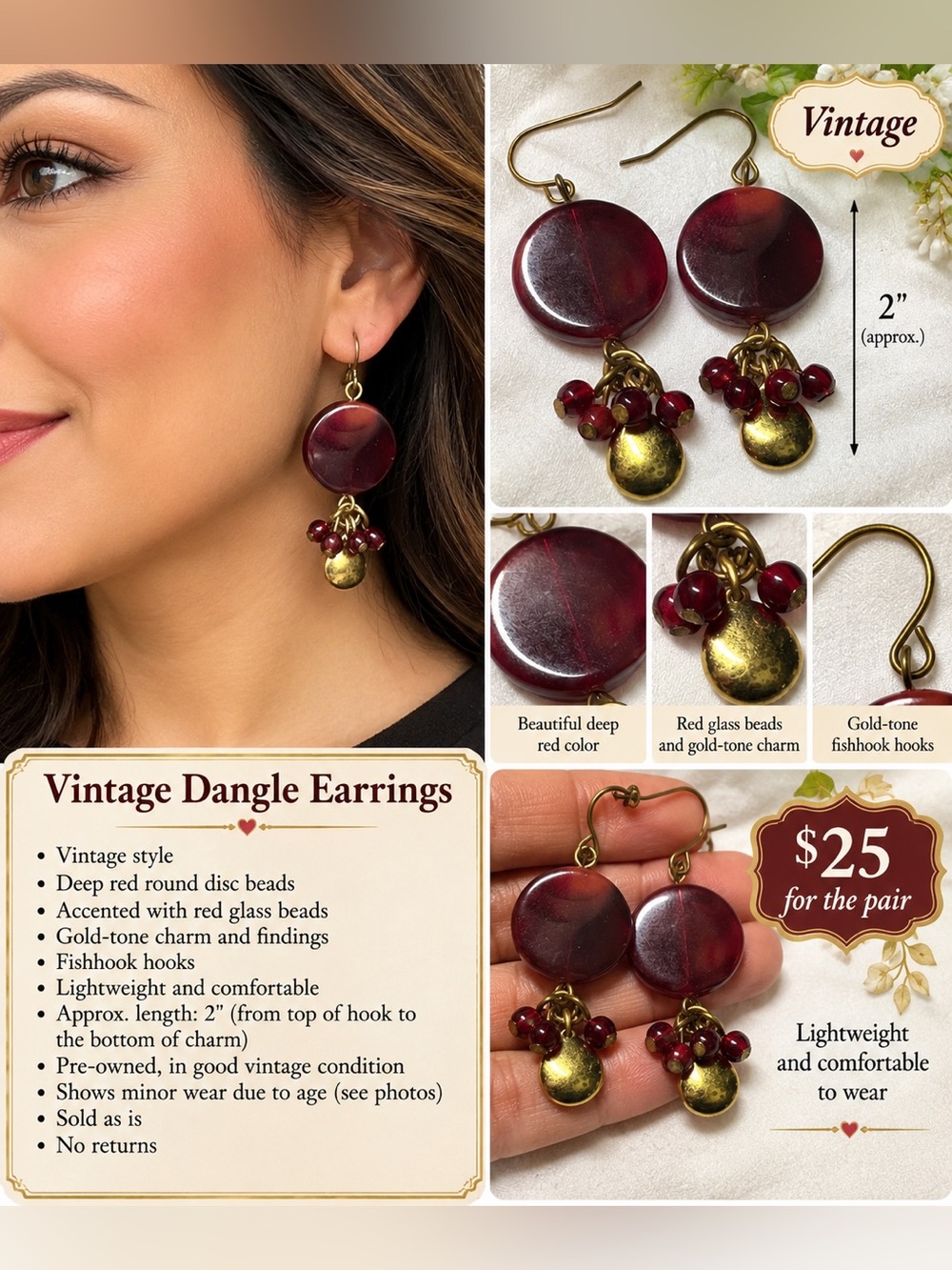 Vintage Burgundy Red Dangle Earrings - Picture 16 of 16